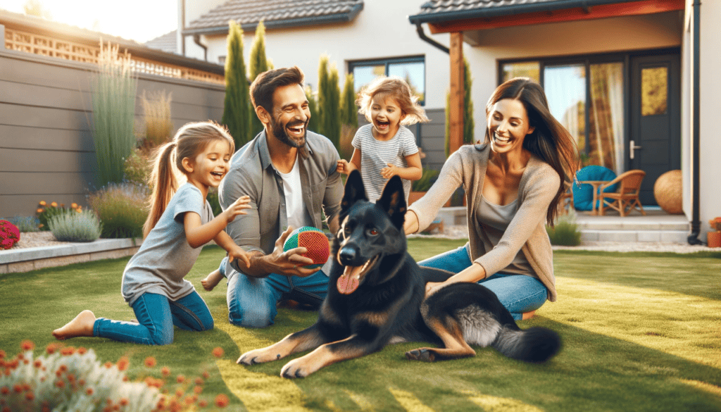 family playing with german shepherd
