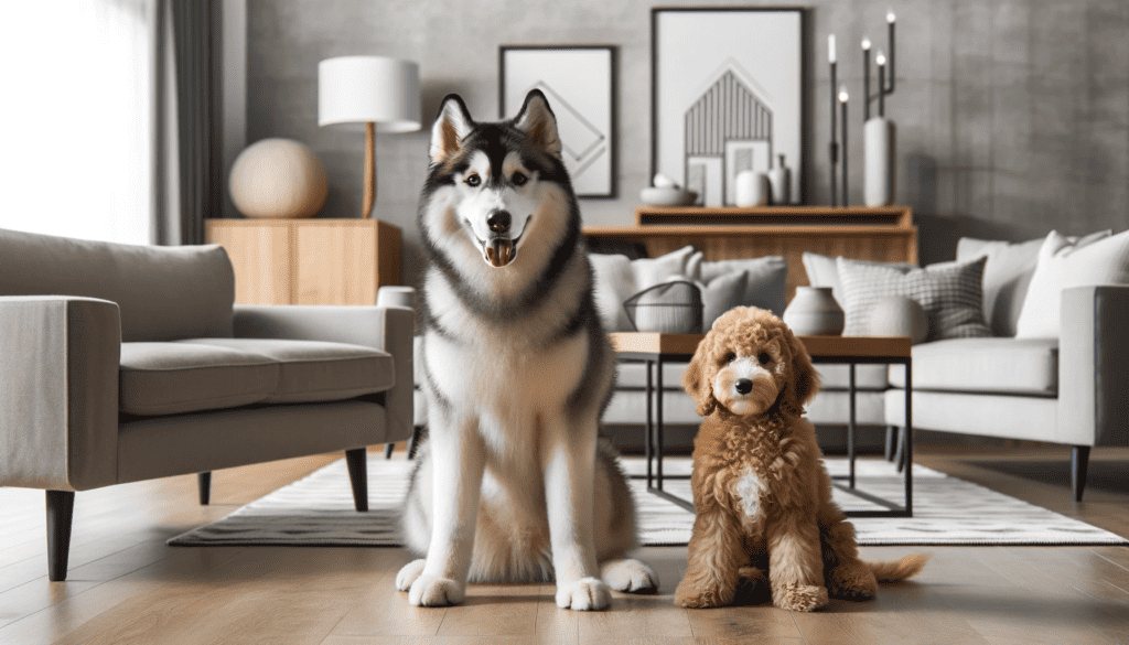 husky dog with mini goldendoodle
